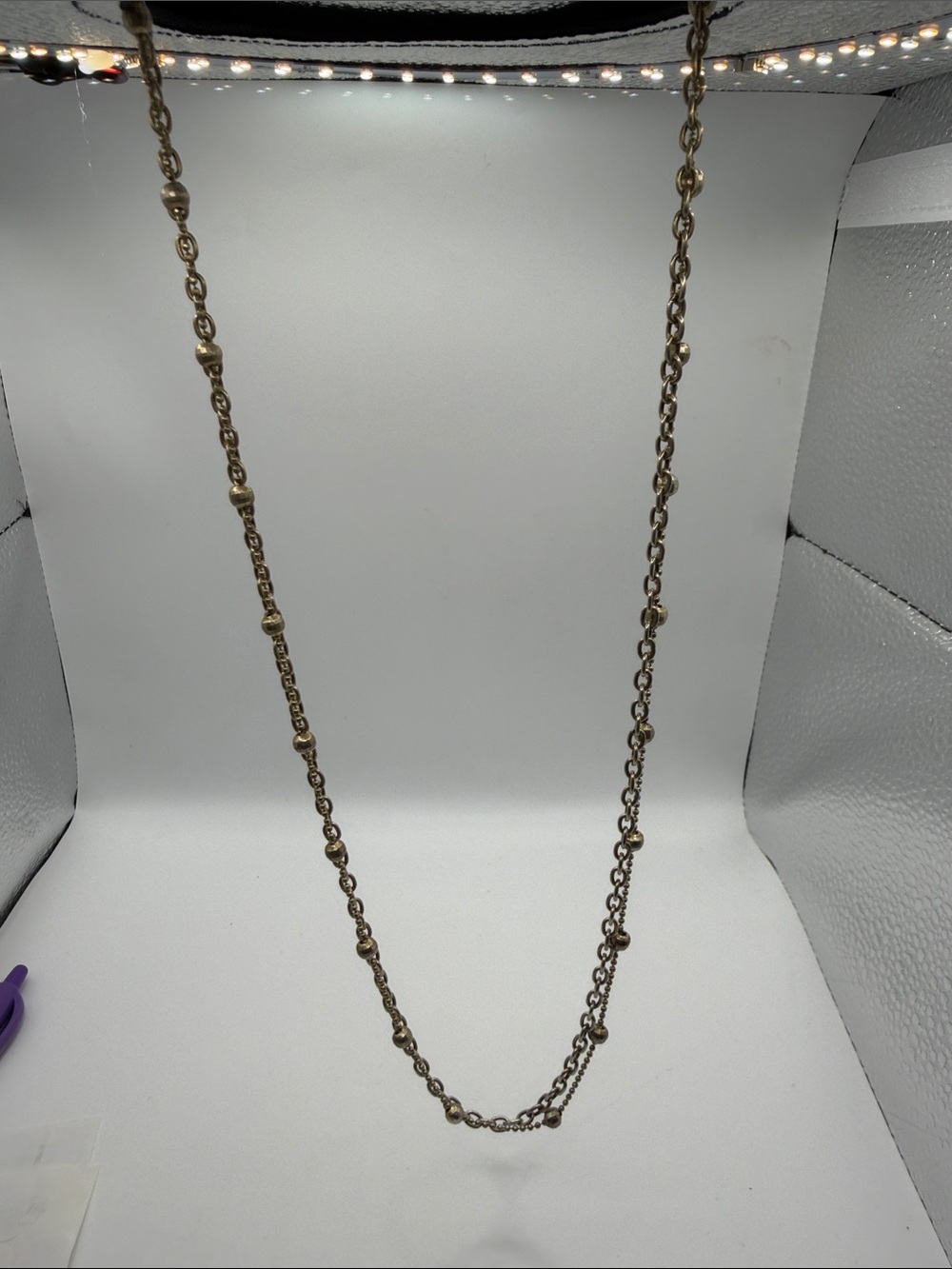 Glow by Sheila Fajl Long Gold Tone Station Chain Necklace Designer Jewelry